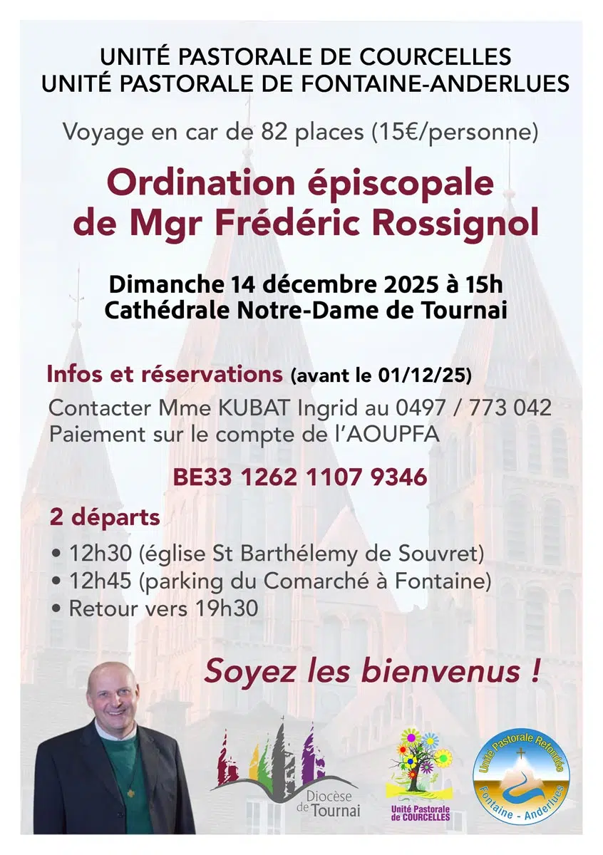 Voyage en car à Tournai le 14 décembre 2025 pour l'ordination épiscopale de Mgr Frédéric Rossignol