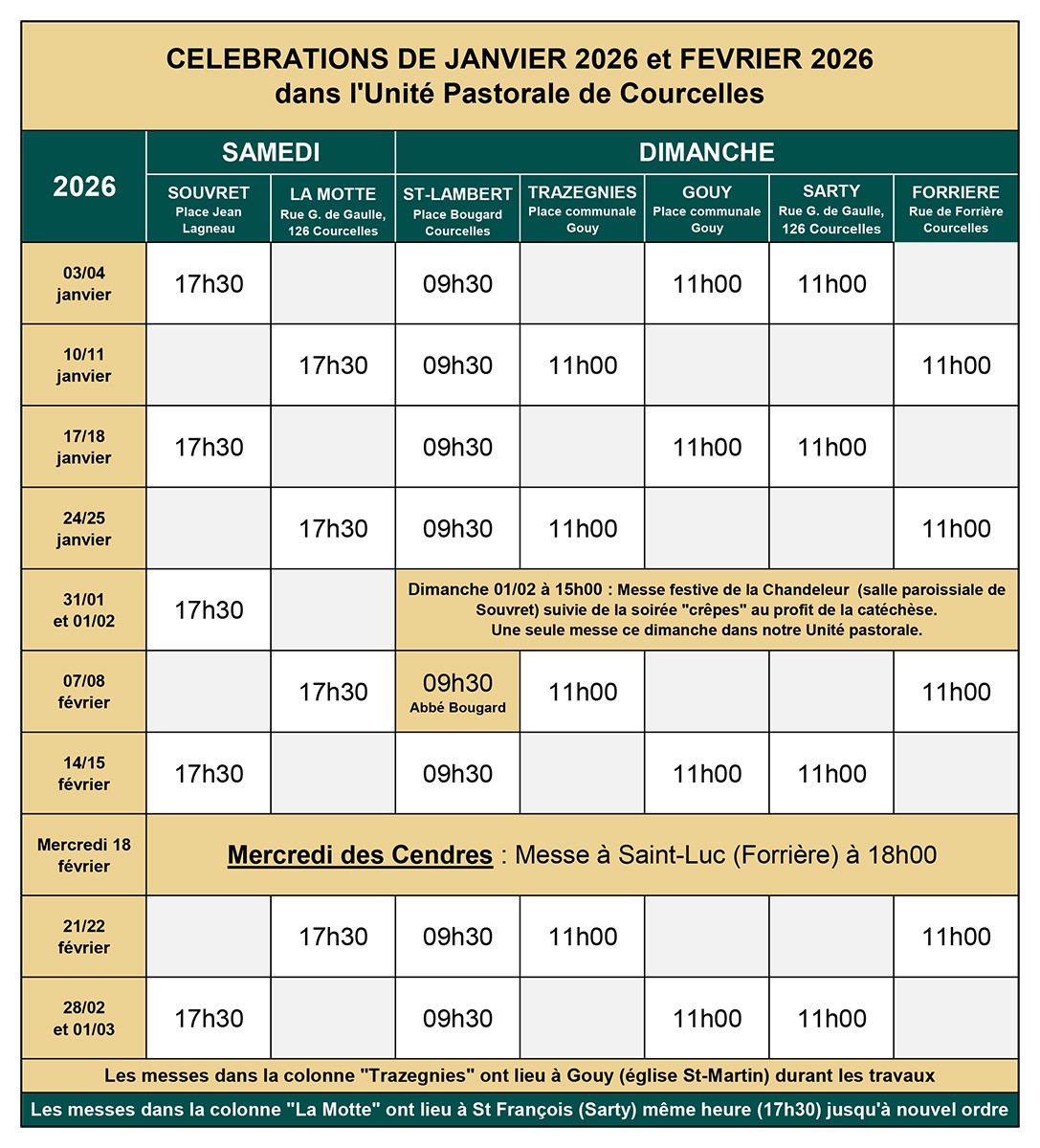 Messes janvier et février 2026