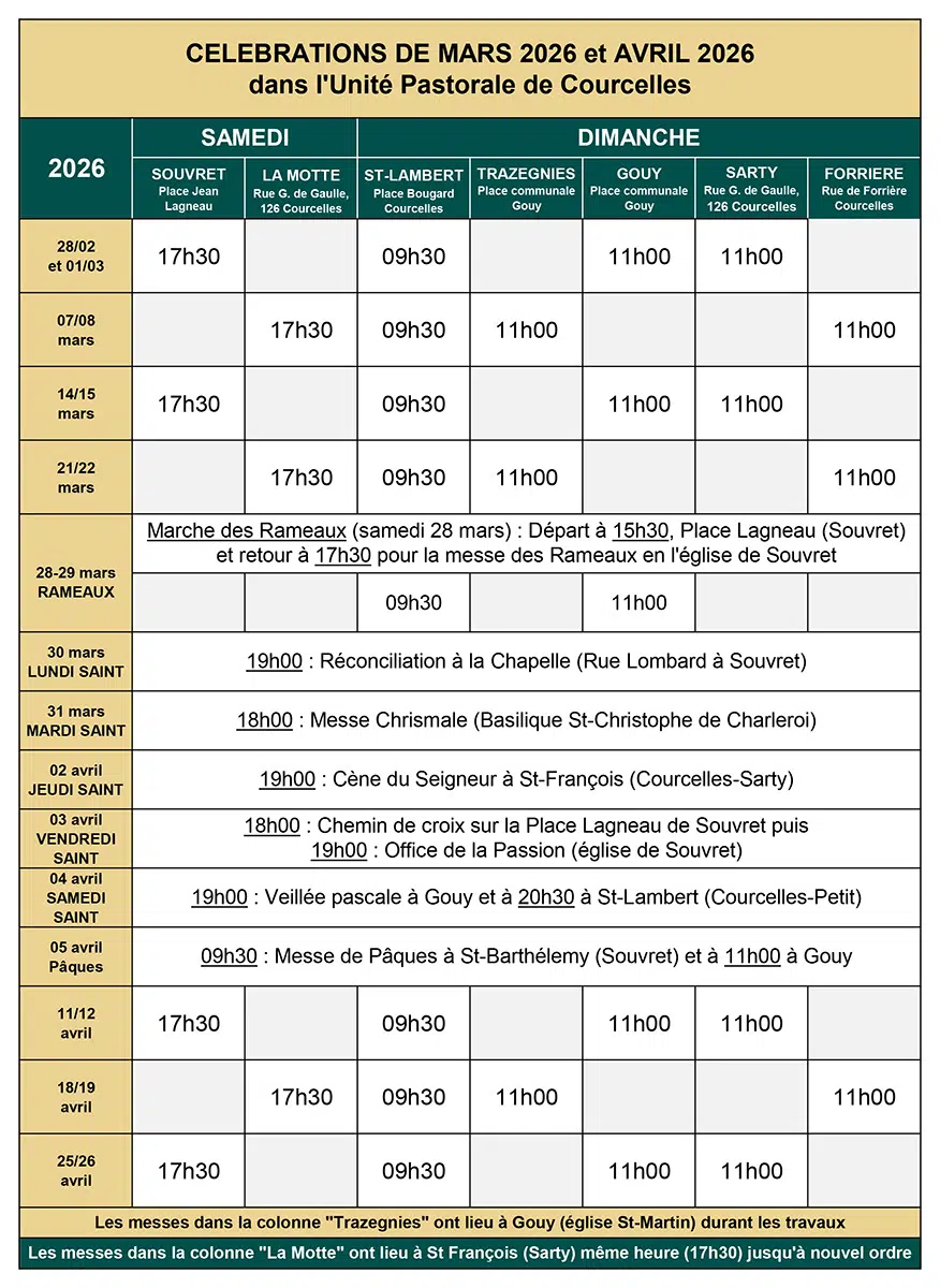 Messes mars et avril 2026