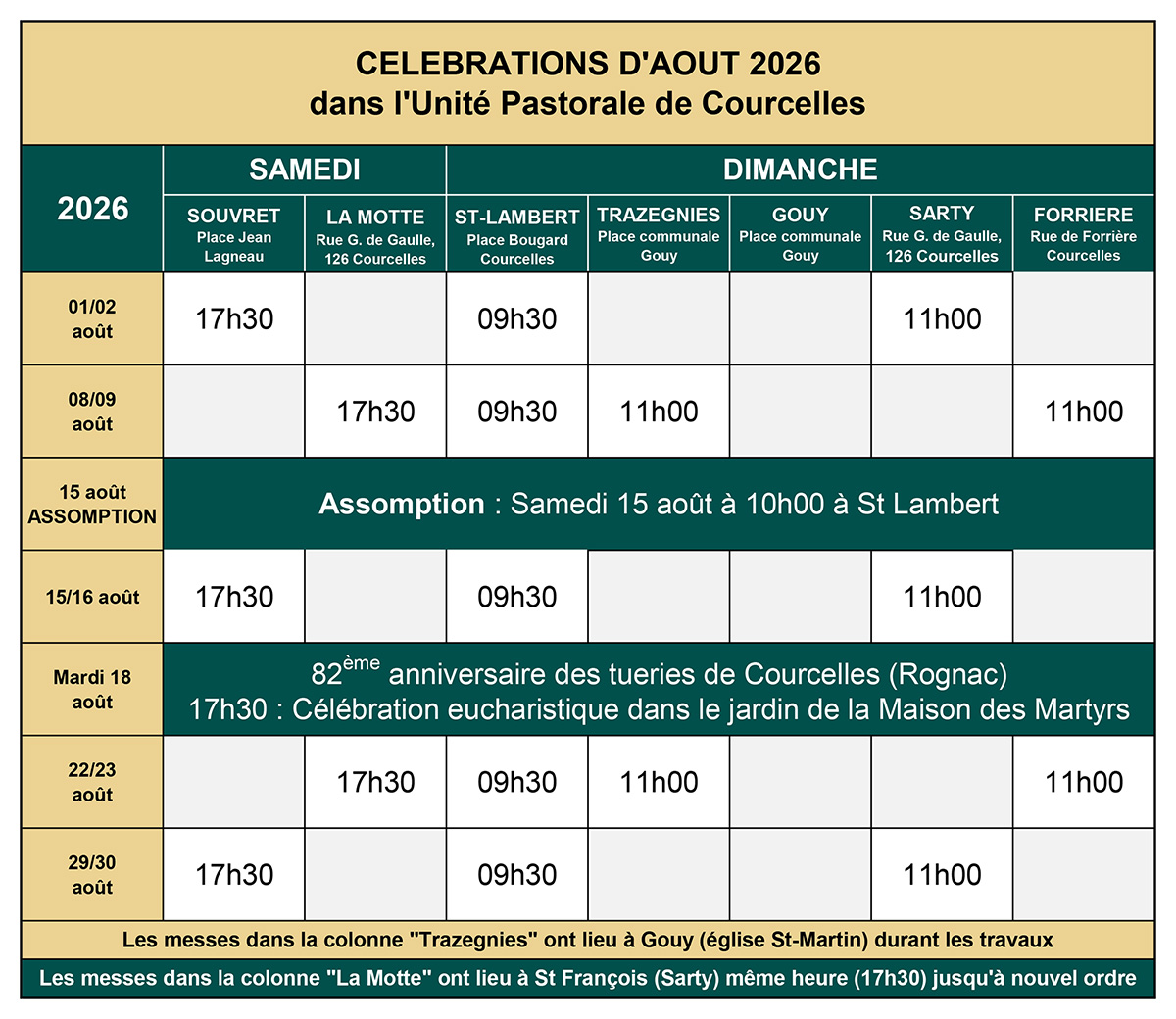 Messes d'août 2026