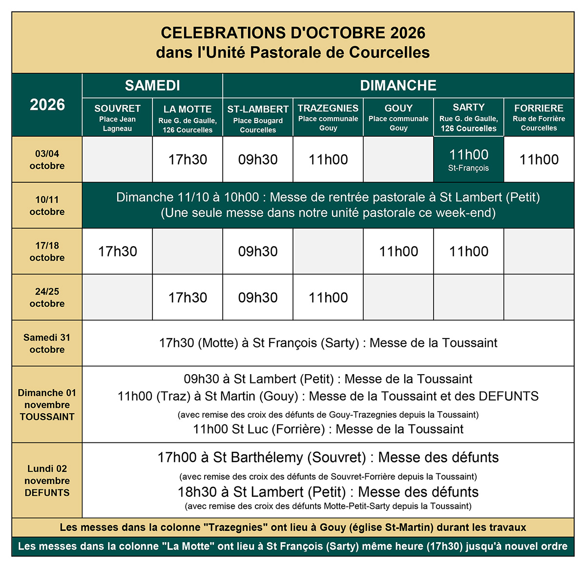 Messes d'octobre 2026 et Toussaint et messes des défunts